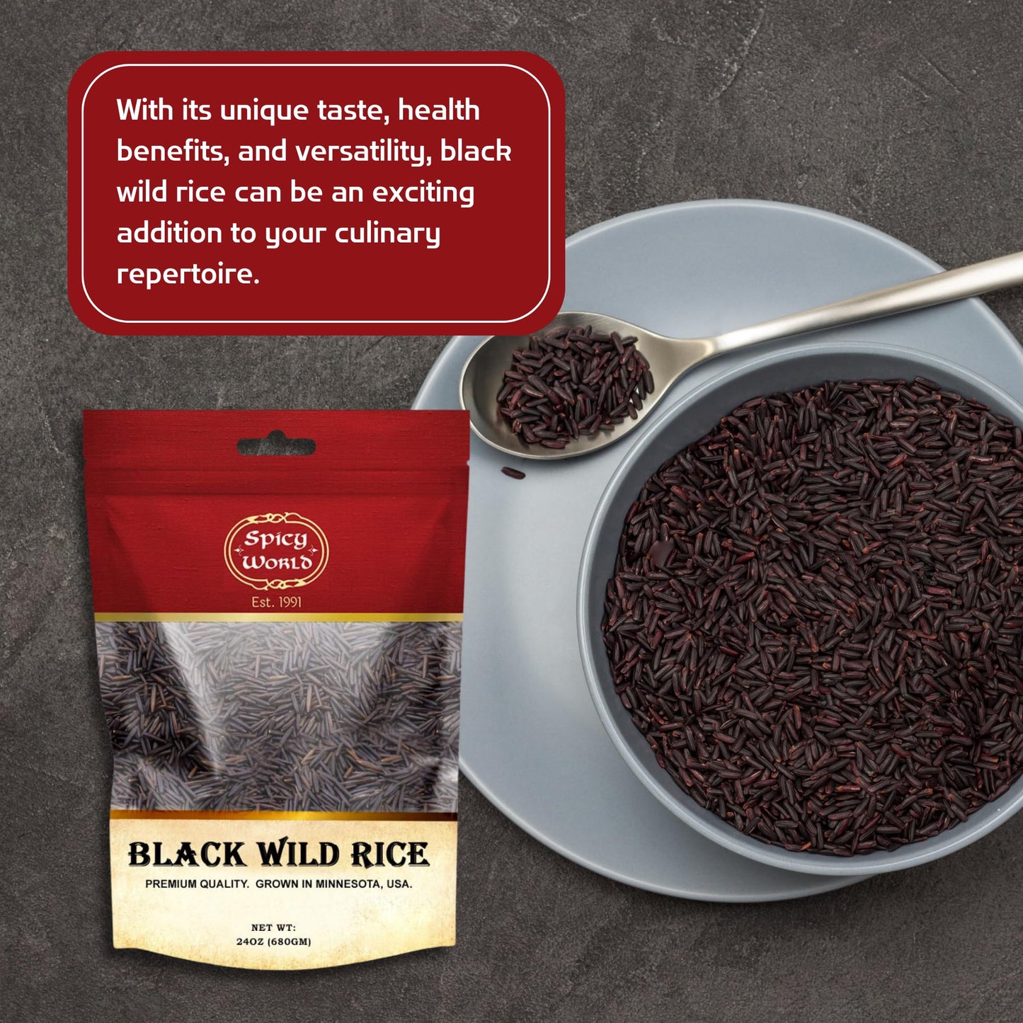 Minnesota Grown Black Wild Rice 6 Pound Bag - Premium Quality, All Natural - By Spicy World