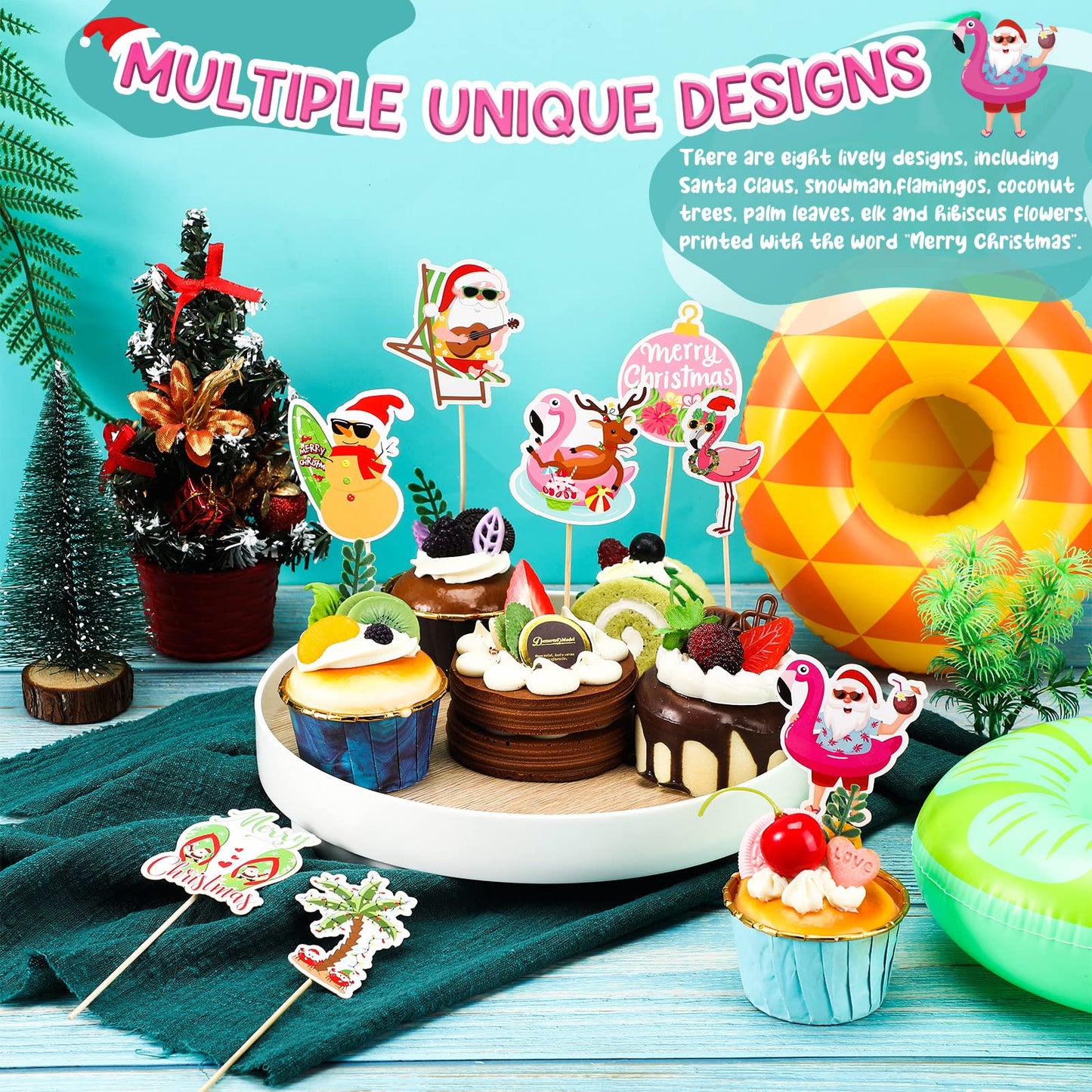 Tatuo 48 Pcs Cupcake Toppers, Santa Claus & Flamingo, 7.2 x 1.18, Multicolored, Cardboard, for Summer & Christmas Parties