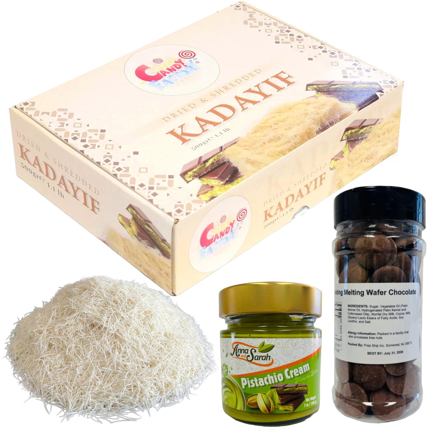 Premium 500gr Dried & Shredded Kadayif+200gr Pistachios Cream +280gr Melting Chocolate, 3 Items for Dubai Chocolate, (Kataifi) F
