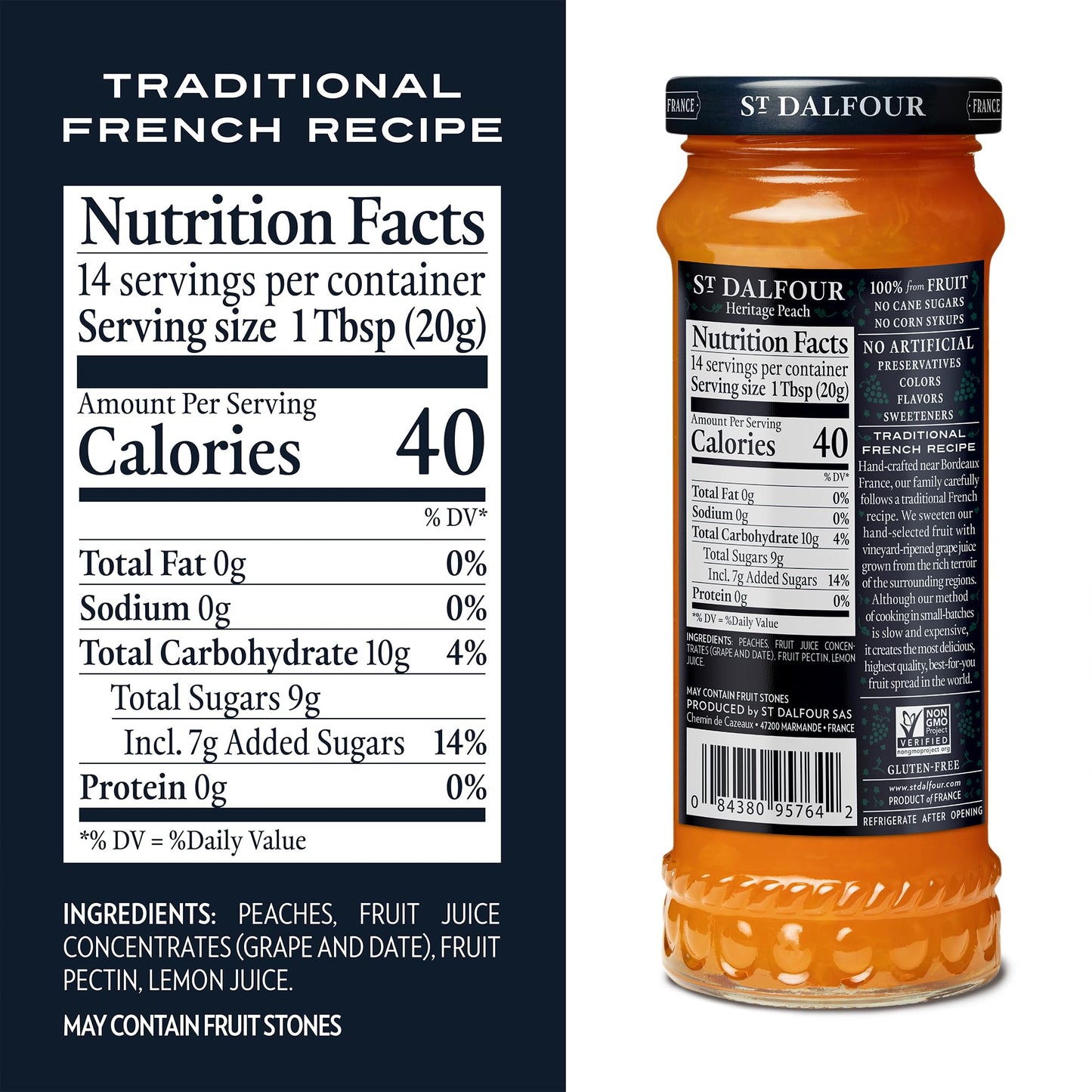 St. Dalfour Heritage Peach Fruit Spread - 10Oz - 100% From Fruit, No Artificial Ingredients, Non-Gmo, No Cane Sugars, All Natura