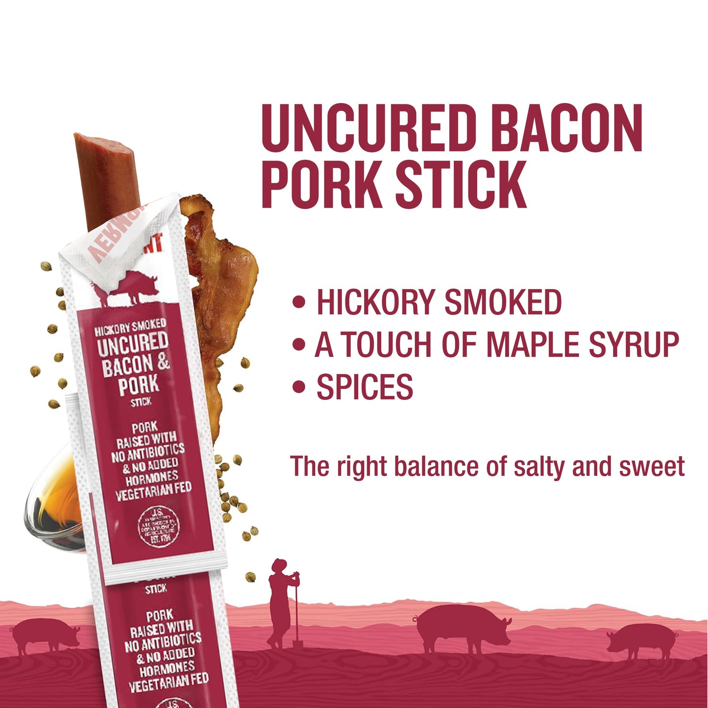 Vermont Smoke & Cure Hickory Smoked Uncured Bacon Pork Sticks, 0.5 oz, 48 Count, Portable Meat Snack for mature-themeds & Kids