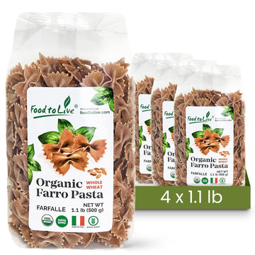Food to Live - Organic Farro Farfalle Pasta, 1.1 lb (Pack of 4) - Italian Whole Wheat and Non-GMO Bow-tie Pasta, Single Ingredie