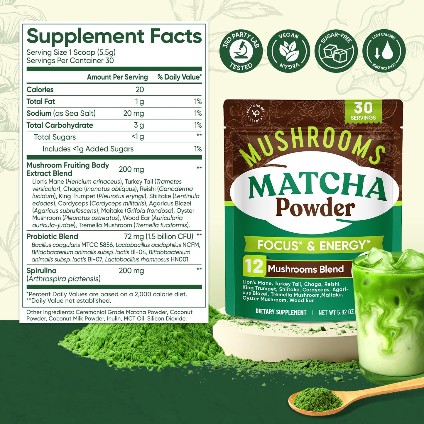 Venture Pal Ceremonial Grade Matcha Powder - 12 Superfoods with Probiotics & Adaptogenic Mushrooms (Lions Mane, Reishi, Spirulin