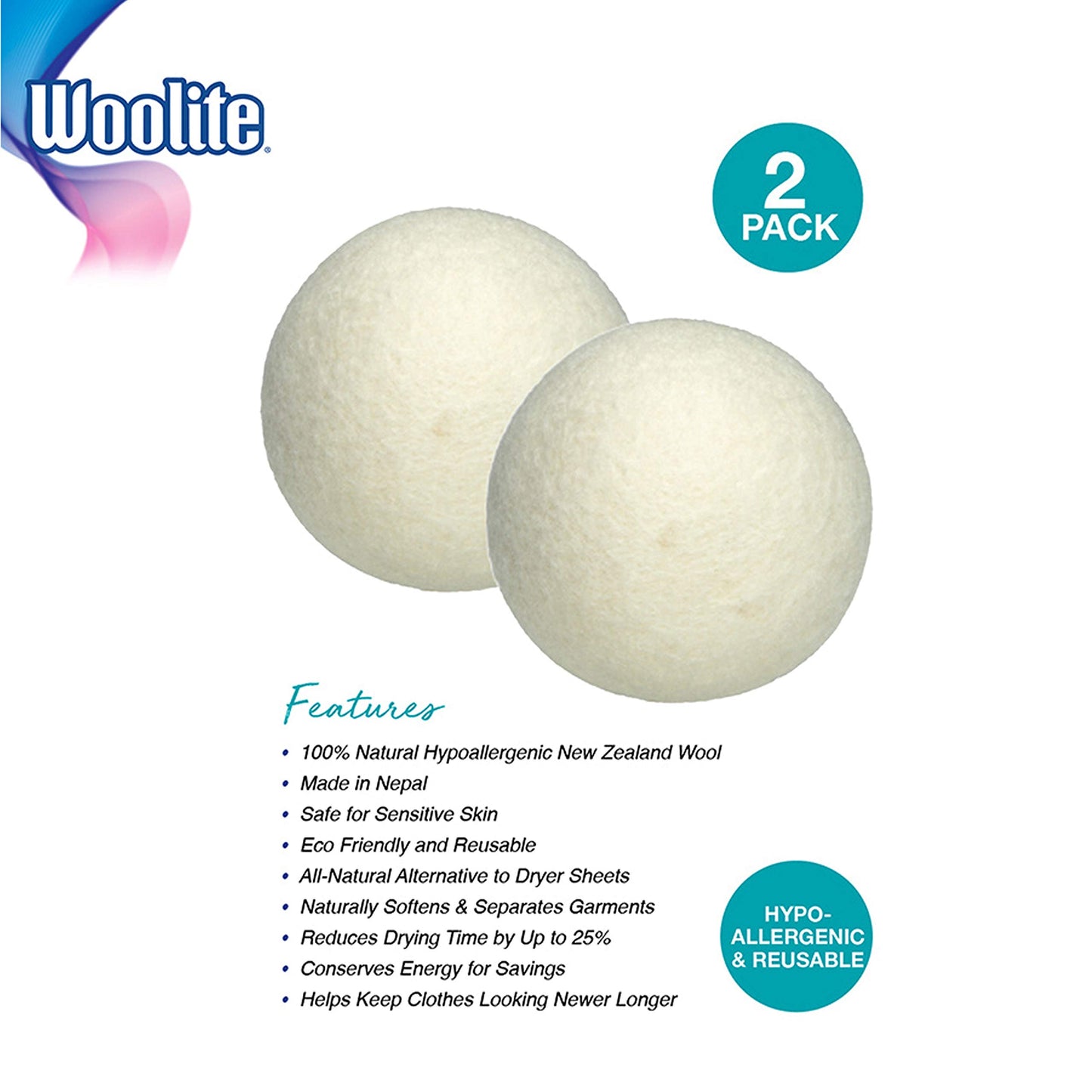 Woolite Reusable Wool Laundry Dryer Balls, Cuts Drying Time In Half, Natural Fabric Softener, Reduces Clothing Wrinkles, Eco-Fri