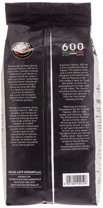 Caffe Vergnano Espresso Roast ''Classico 600 Blend'' Whole Bean Coffee | 2.2 Lb Bag (1 Kilo) | Imported From Italy
