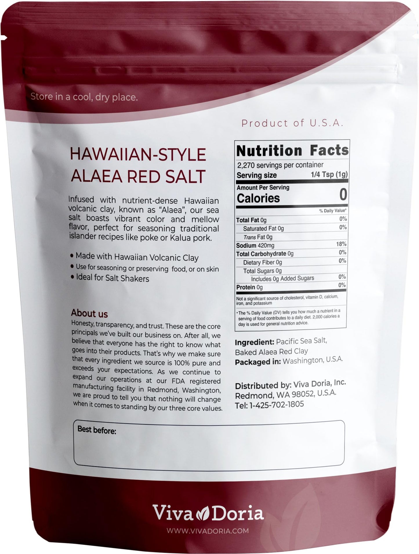 Viva Doria Hawaiian Red Alaea Sea Salt, Medium Grain, 5 lb