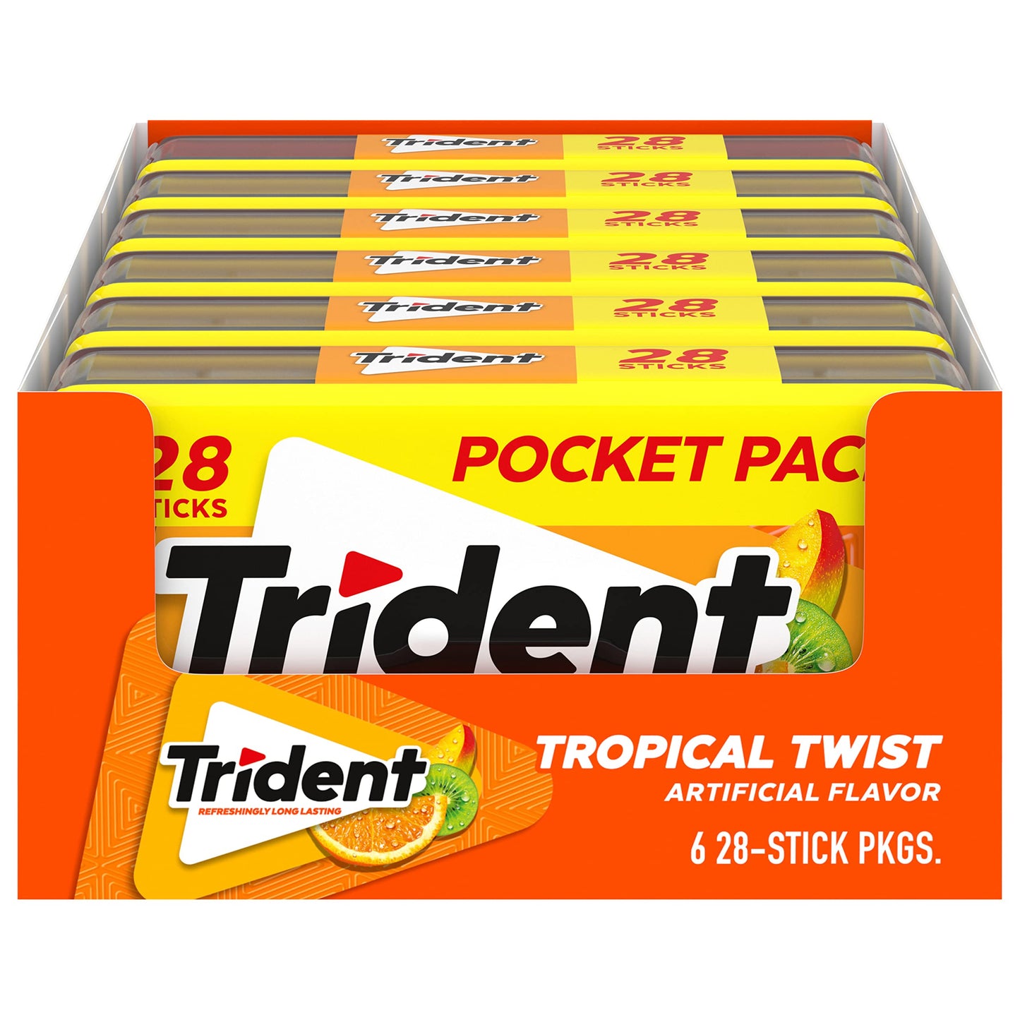 Trident Tropical Twist Sugar Free Gum, 6 Pocket Packs Of 28 Pieces (168 Total Pieces)