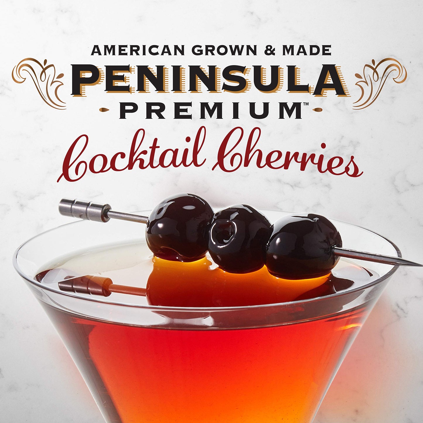 PENINSULA PREMIUM Cocktail Cherries - Gourmet, Sweet-Tart Flavor, 20 Oz, Deep Bur dy-Red, Silky Smooth Syrup