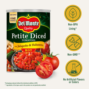 Del Monte Petite Canned Hot Diced Tomatoes with Jalapeno & Habanero, 14.5 Ounce (Pack of 12)