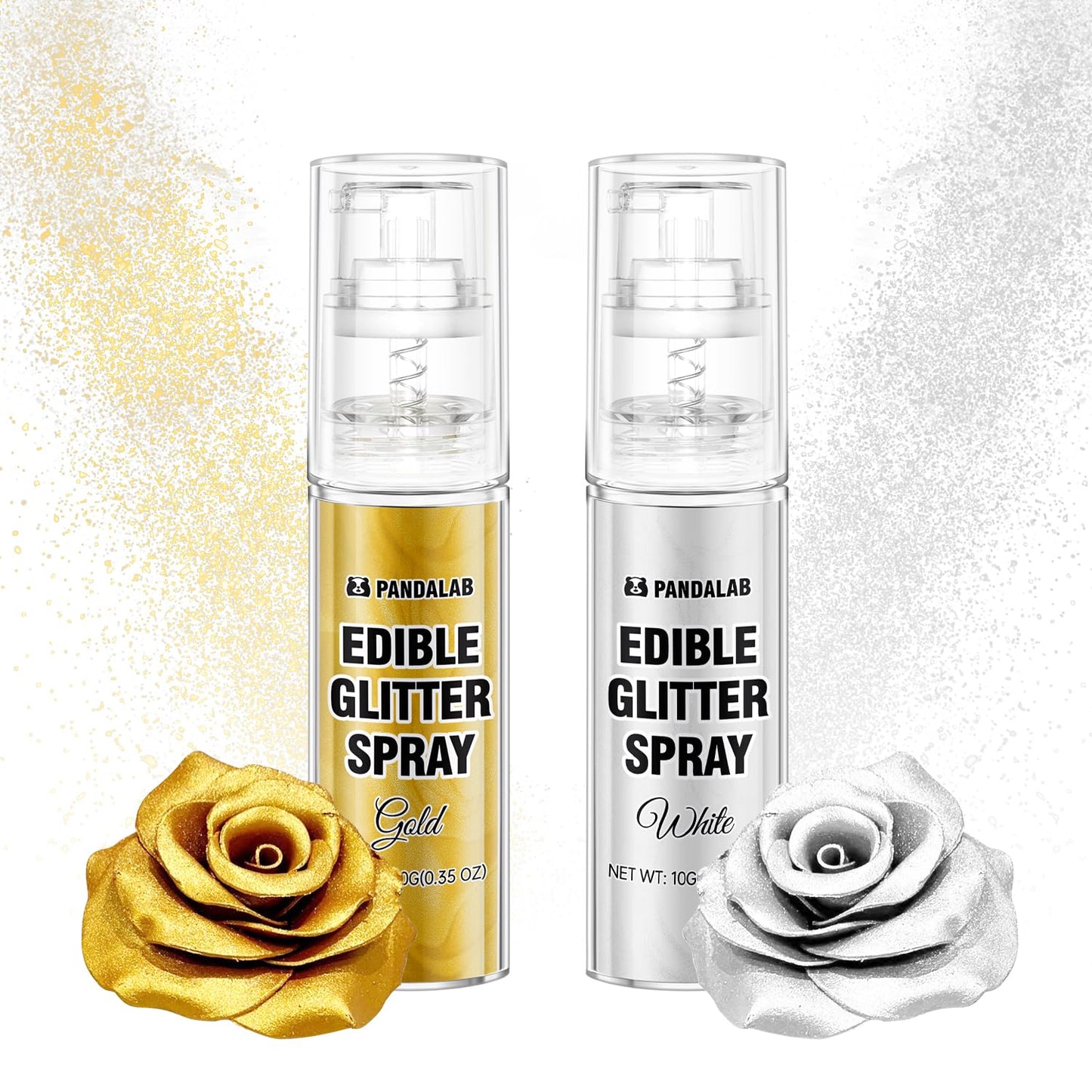 Pandalab Edible Glitter Spray - Food Grade Luster Dust for Drinks & Desserts, 0.35oz, Gold & White