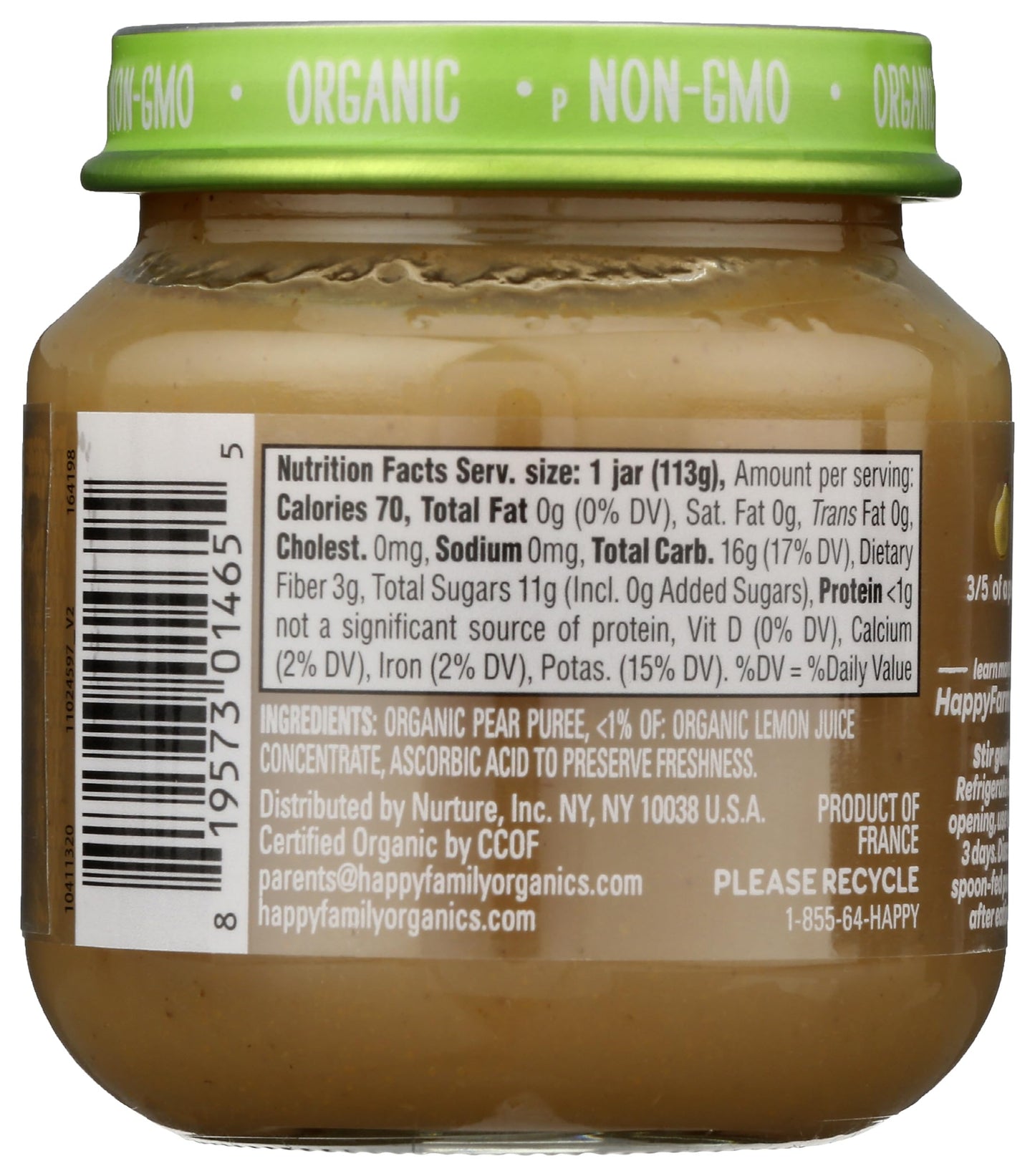 Happy Baby Organic Stage 1 Pears, 4 Oz