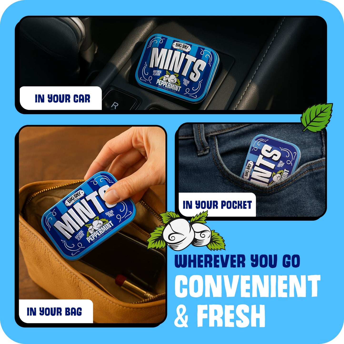 Big Sky Sugar Free Peppermint Candy, 50g Tin - 6 Count Display Tray