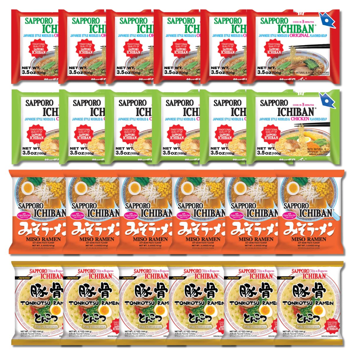 Japanese Sapporo Style Ramen Noodle Variety Pack, 24 Count Instant Soup Sampler With Original, Chicken, Tonkotsu, and Miso Flavo