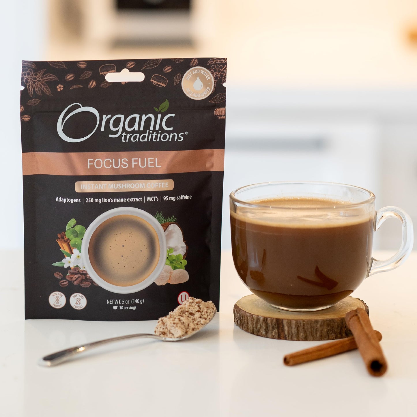 Organic Traditions Focus Fuel Mushroom Coffee - Organic Instant Mushroom Coffee With Lions Mane, Adaptogens, Mcts & Coconut Milk