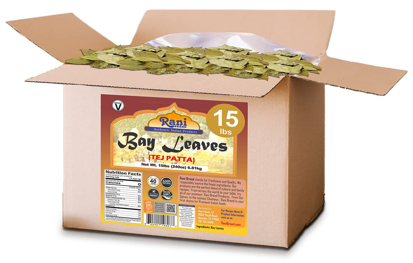 Rani Bay Whole Leaf (Leaves) Spice Hand Selected Extra Large 240Oz (15Lbs) 6.81Kg Bulk Box ~ All Natural | Gluten Friendly | Non-Gmo | Vegan | Indian Origin (Tej Patta)