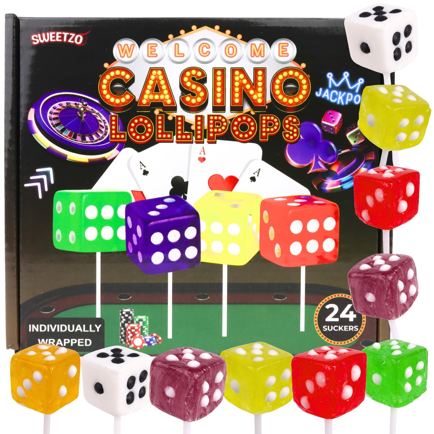 Dice Shaped Lollipops Gaming Place Themed Candy For Parties And Events Bulk Individually Wrapped Suckers Fruit Flavored (24 Pieces)