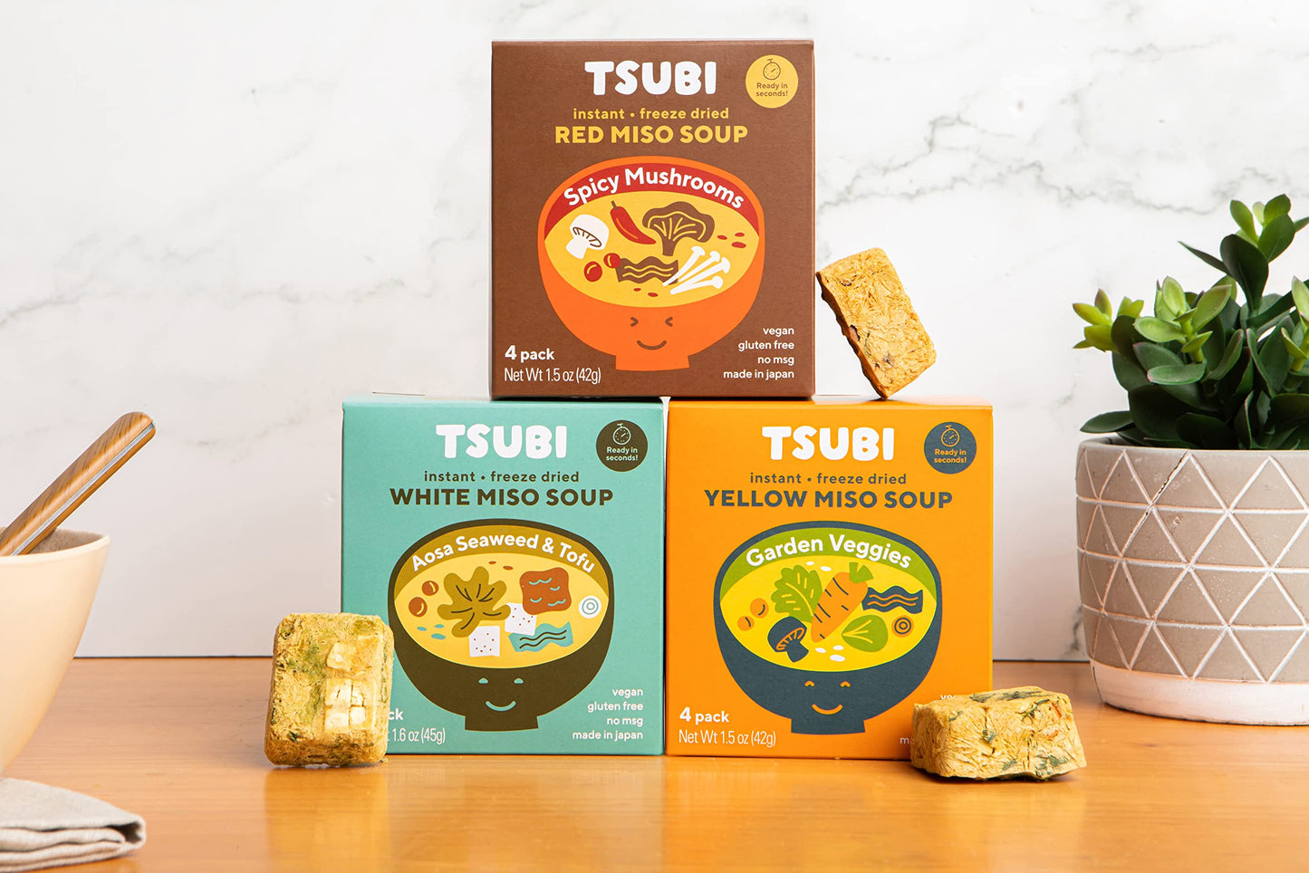 Tsubi Soup Freeze-Dried Japanese Miso Soup Packets - Instant Vegan Easy Mix Gluten & MSG-Free and Flavorful - Ready in Seconds - Authentic Taste of Japan - Best Trio Flavor - 12 Packs