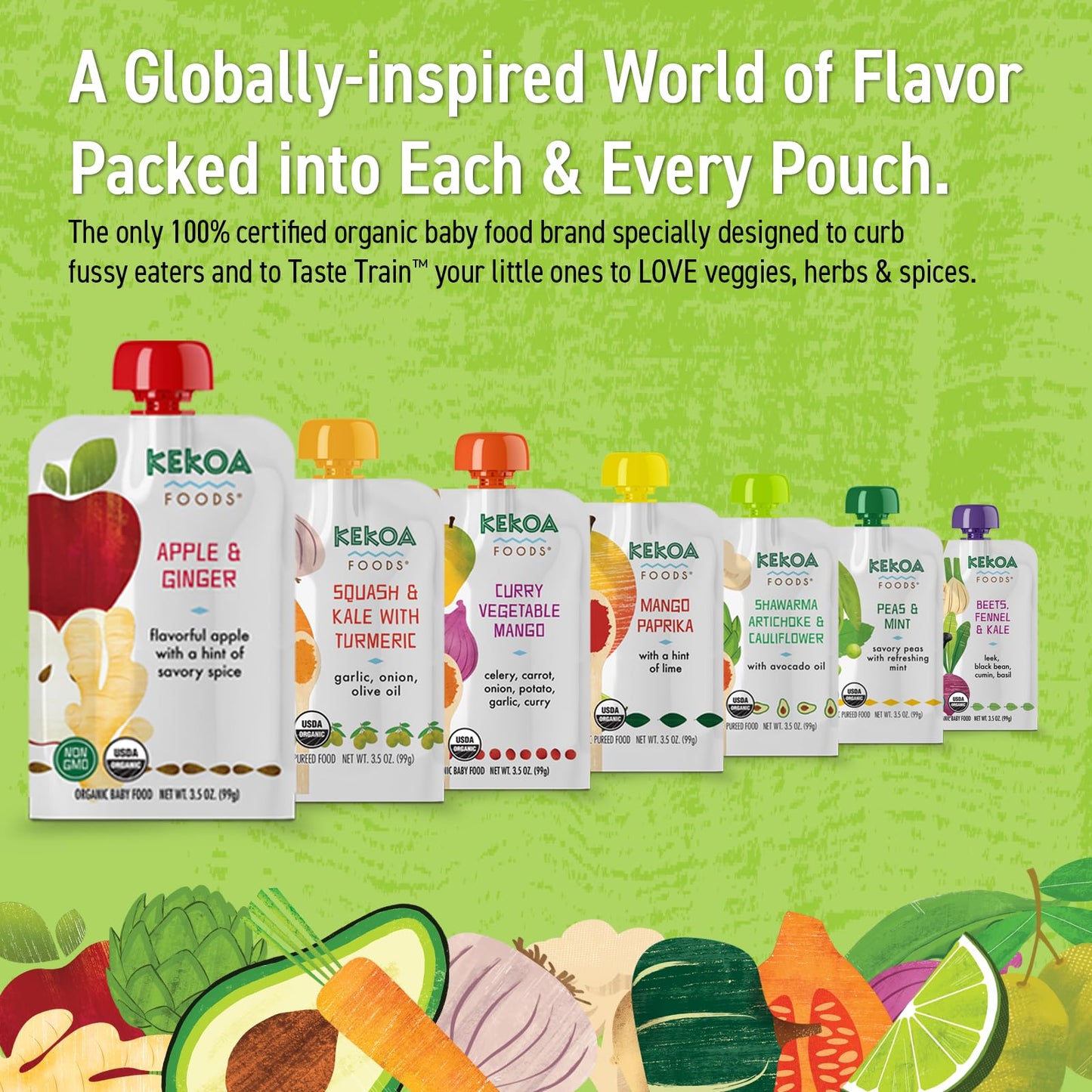 Kekoa Foods Apple & Ginger Baby Food Purée | 100% Usda Certified-Organic, No Sugar Added | Organic, Non-Gmo, Gluten-Free, Vegan | Mild Ginger For Flavor Development | 3.5 Oz Squeeze Pouch