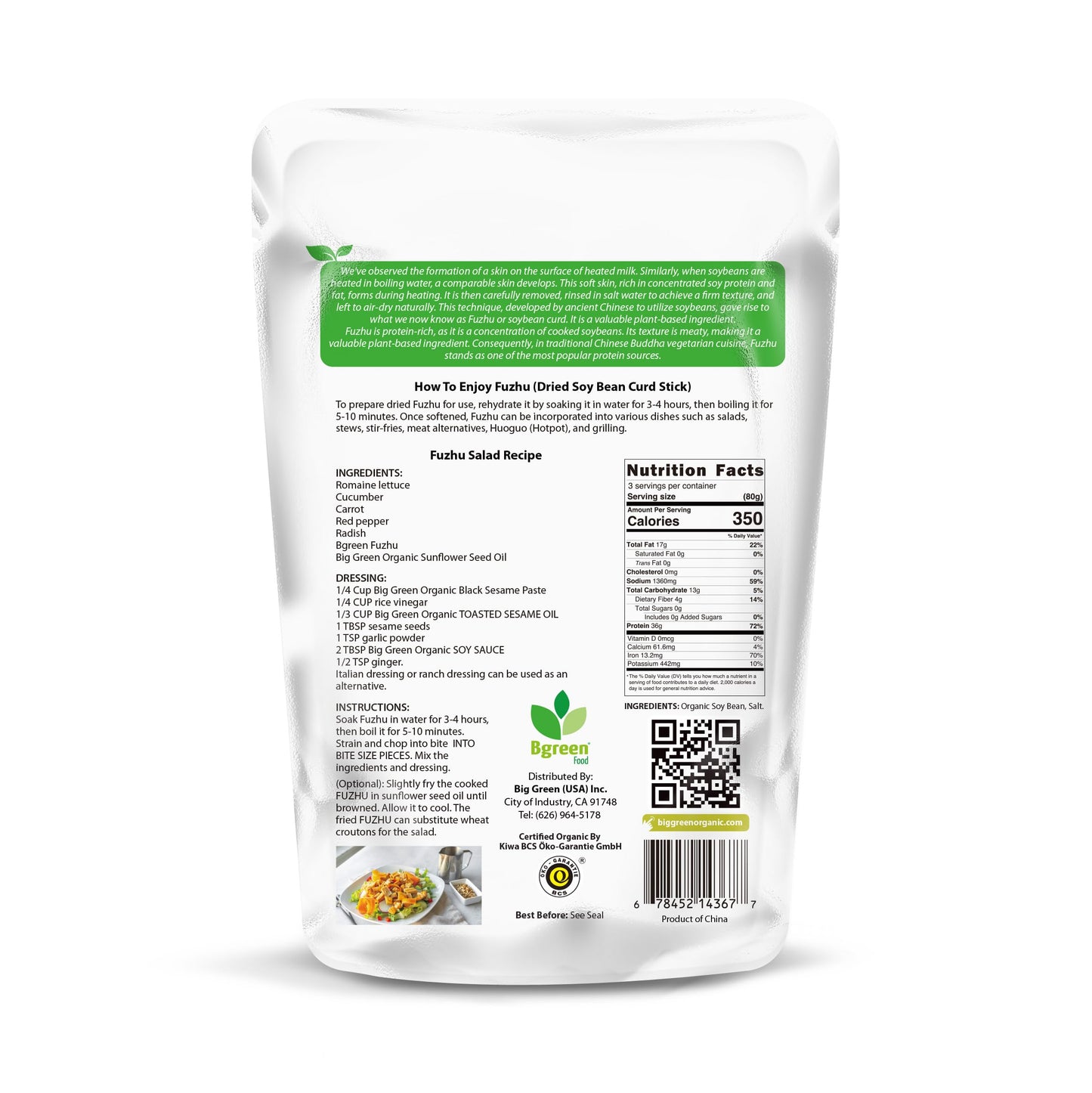 Big Green Organic Food - Organic Soybean Curd Sticks (Center Cut), Vegan Protein, Pure, Made With Non-Gmo Soy, 8.8 Oz (1 Pack, 8