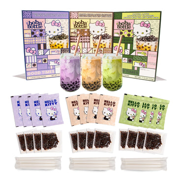 Hello Kitty Instant Boba Milk Tea Variety Kit, Brown Sugar, Taro, Match Flavor, with Taiwan Tapioca Pearls, Paper Straws Include