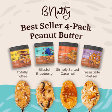 Bnutty Gourmet Peanut Butter Variety Pack | Totally Toffee, Blissful Blueberry, Irresistible Pretzel & Simply Salted Caramel | P