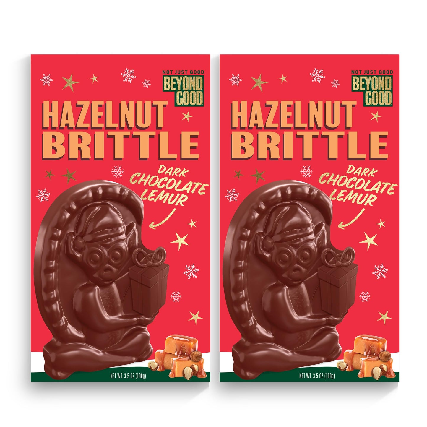 Beyond Good 60% Cocoa Dark Chocolate Hazelnut Brittle Lemur - Holiday 2 Pack | Direct Trade Non-Gmo | Single Oriflavor Blend Heirloom Madagascar Dark Chocolate