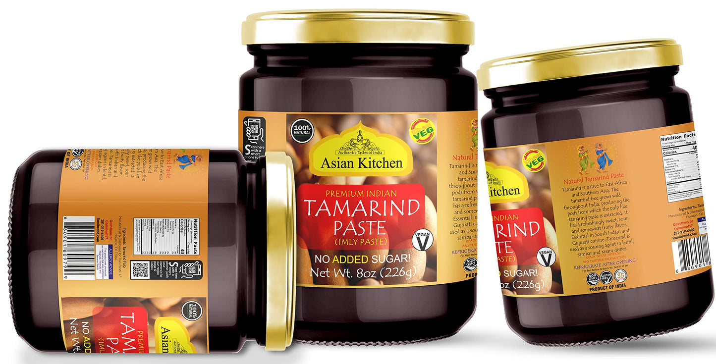 Asian Kitchen Tamarind Paste Puree (Imli) 8oz (227g) Glass Jar, Gluten Free, No Added Sugar ~ All Natural | Vegan | Non-GMO | No