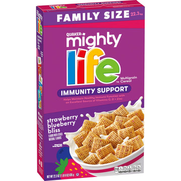 Quaker Mighty Life Multigrain Cereal, Strawberry Blueberry Bliss, Immunity Support, 22.3 Oz Family Size