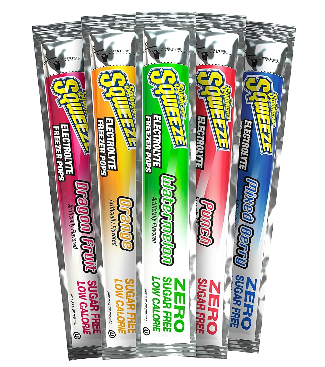 Sqwincher Zero Sqweeze Sugar Free, Low Calorie, Low Sodium Electrolyte Freezer Pops, 5 Flavor Variety Pack - Dragon Fruit, Mixed