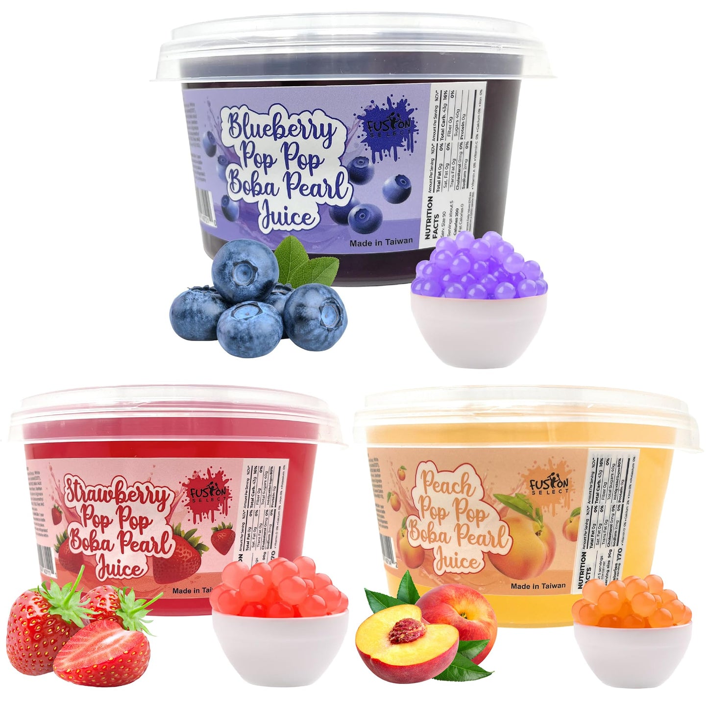 Fusion Select Strawberry, Blueberry, Peach Bursting Bobaz Popping Bobaz Pearls Fruit Tea Snack Toppings