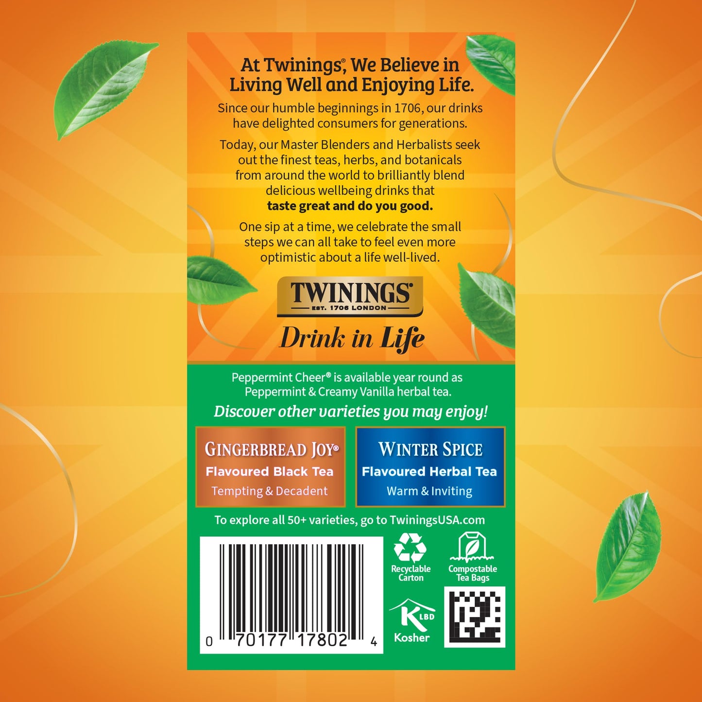 Twinings Peppermint Cheer Herbal Tea - Caffeine-Free, 20 Individually Wrapped Bags, Peppermint & Vanilla