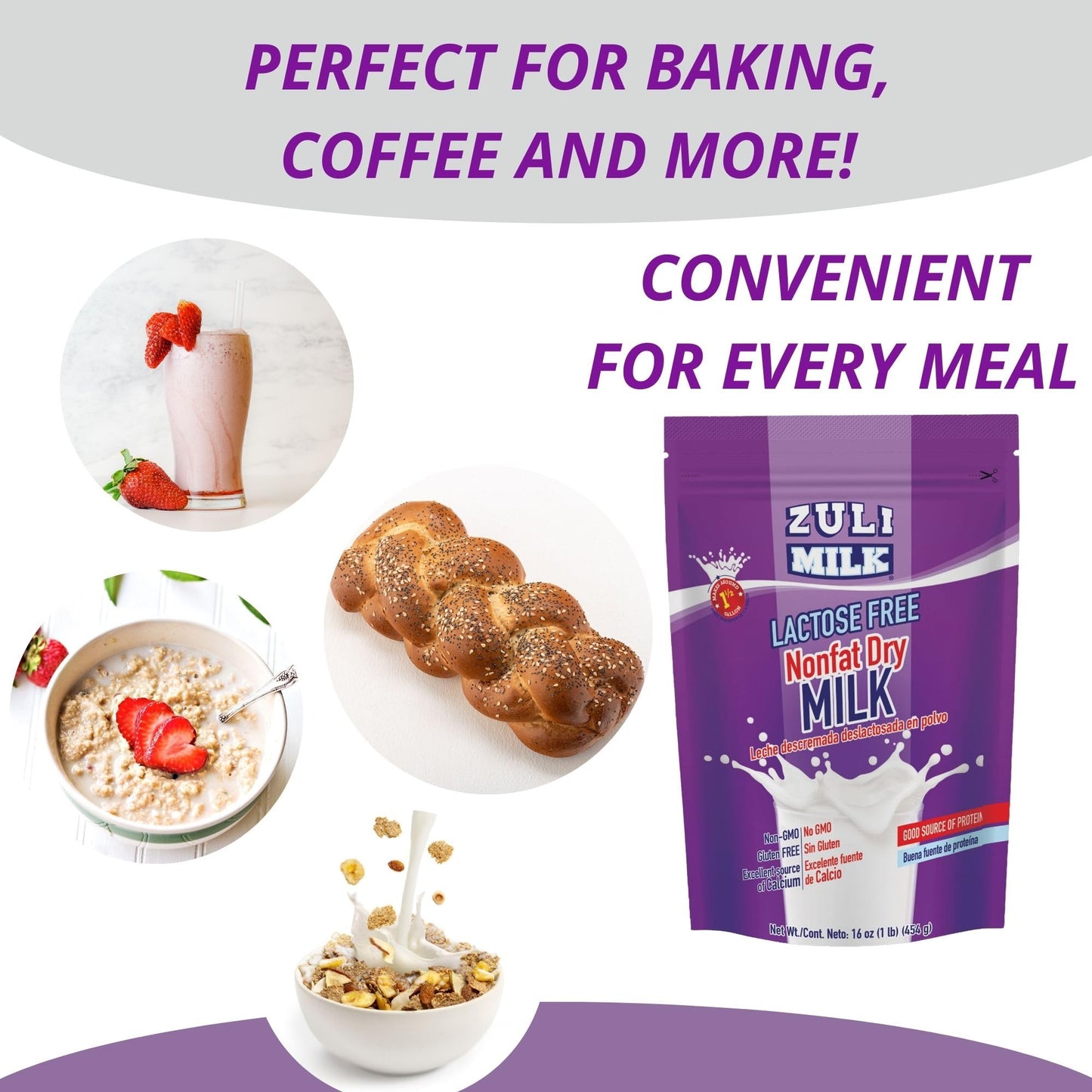 ZULI MILK Nonfat Dry Milk Powder for Baking & Coffee, Fat Free, Lactose Free, 16oz (Pack of 3)
