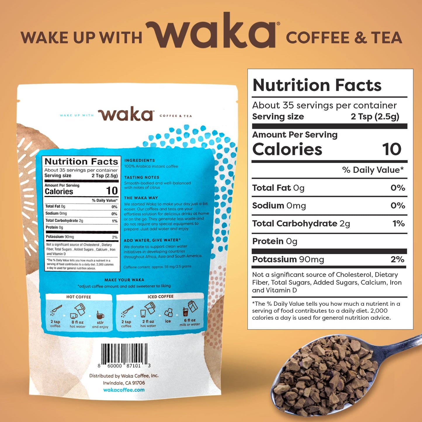 Waka Instant Coffee, Medium Roast - 100% Arabica Colombian Beans, Freeze Dried Granules, No Sugar Or Additives - Bulk Bag For Qu
