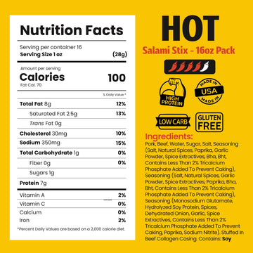 Long John Snacks Dried Salami Sticks - High Protein Smoked Meat Sticks Bulk Pack - Handcrafted From Fresh Enhanced Cuts Of Usa Beef And Pork - Low Carb, Gluten-Free, Keto Snacks - Hot, 16 Oz