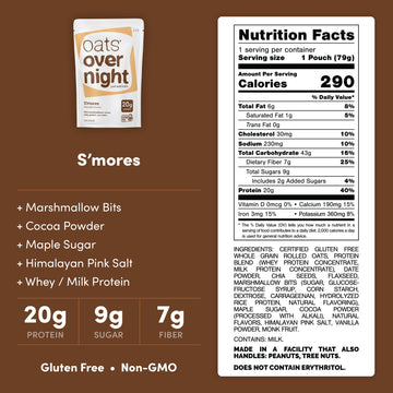 Oats Overnight Smores Overnight Oats - 22g Protein, High Fiber, Gluten Free, 9 Piece Set, Non GMO, 8 Pack + BlenderBottle