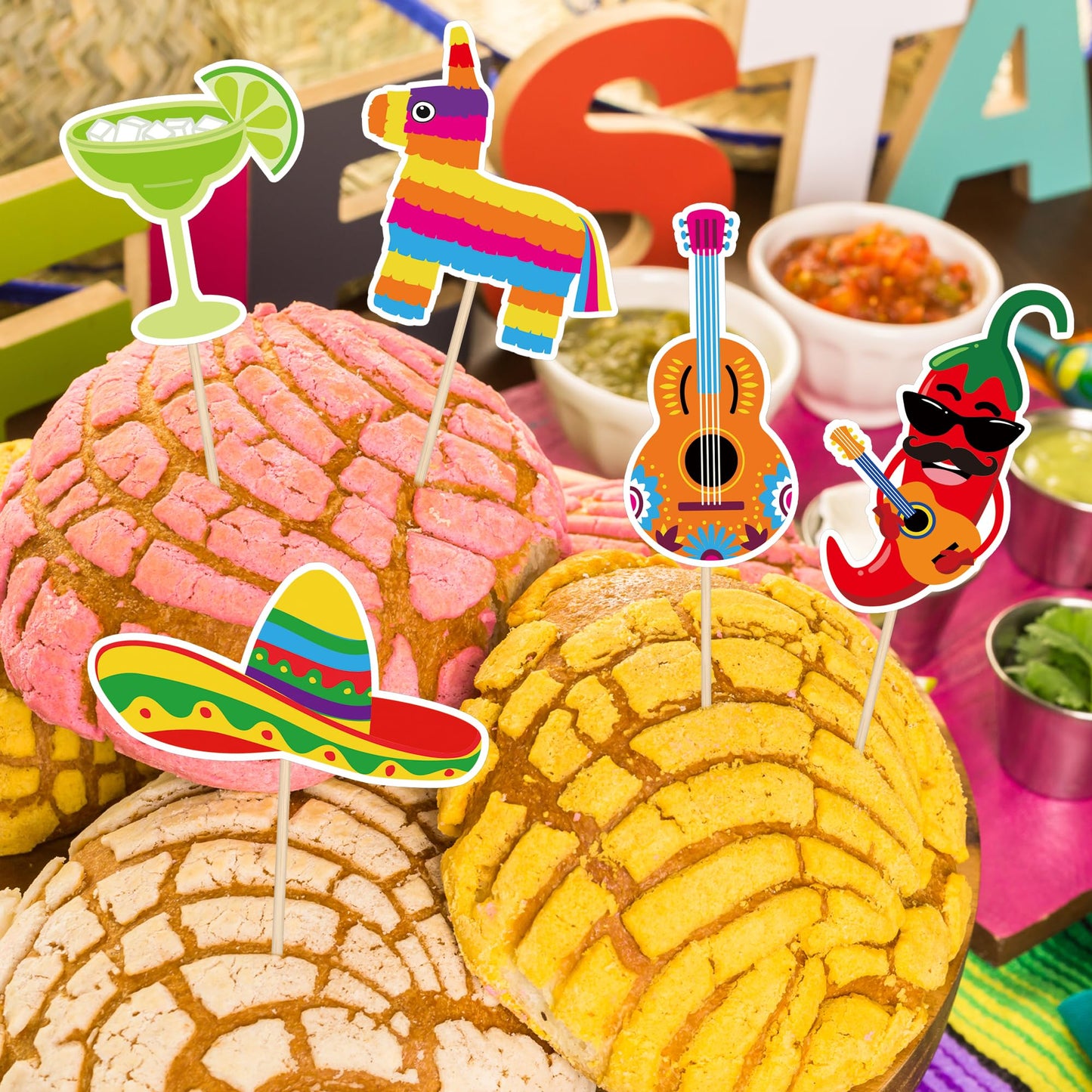 QZYL 24 PCS Cinco De Mayo Decorations, Fiesta Cake Toppers, Paperboard, Multi-Style, LK-MAY-caketopper-24, Flesta