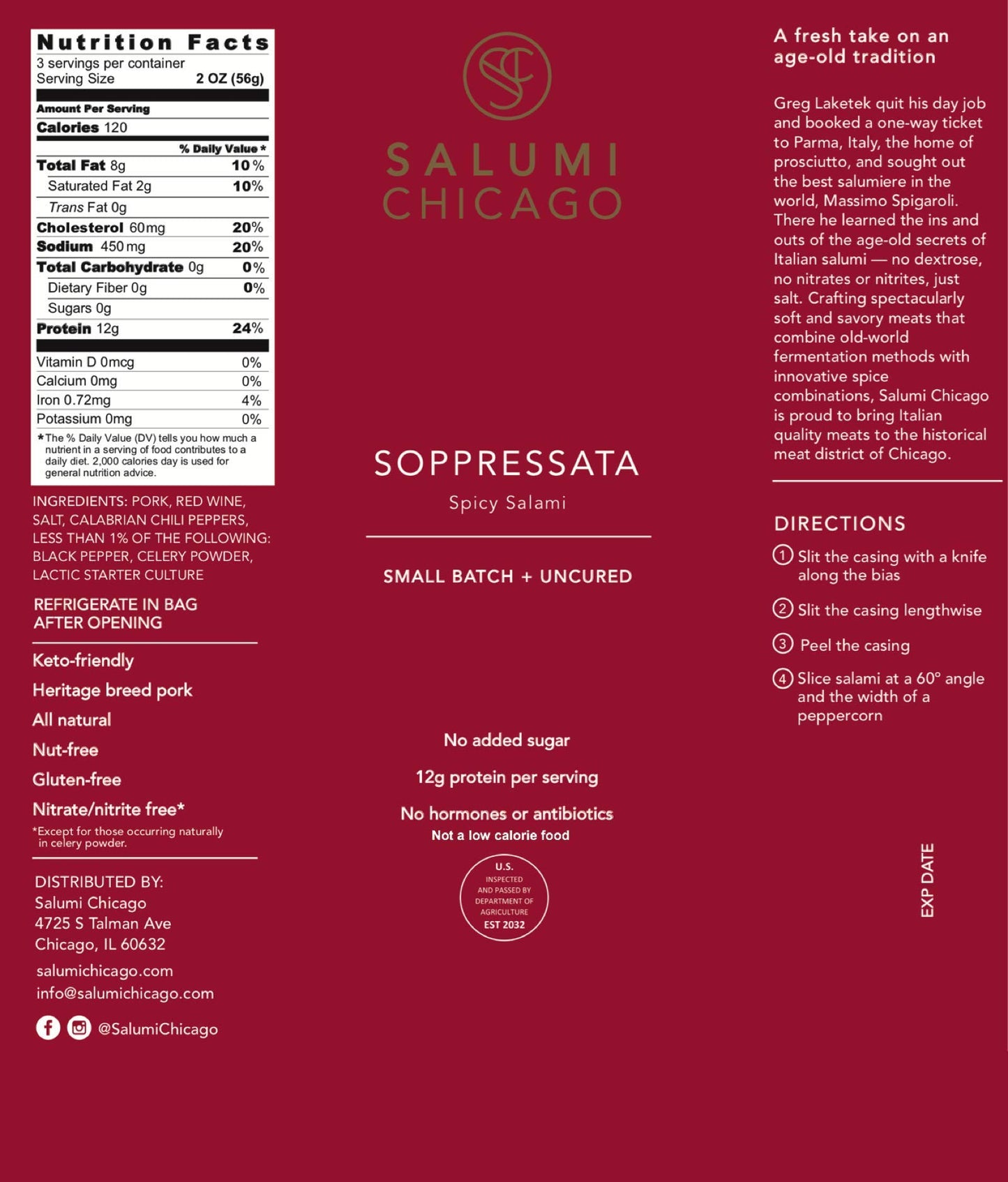 Salumi Chicago Artisan Salami Variety - Uncured, Gluten Free, Keto Snack - 4 x 5.3 oz. Soppressata, Finocchiona, Chorizo