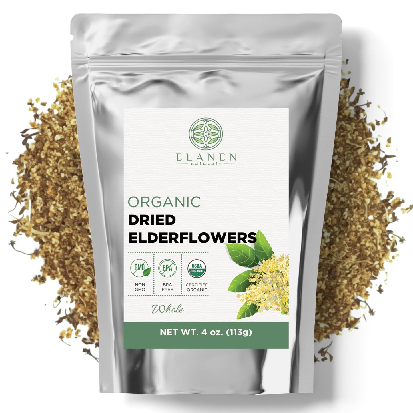 Elanen Naturals Organic Dried Elderflowers 4 Oz. (113G) Usda Certified Organic Elder Flower Tea Flor De Sauco Whole