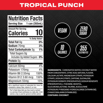 PRIME HYDRATION Energy Drink - Tropical Punch, Vegan, Gluten Free, 12 Fl Oz, 24 Pack, Model DP-ED24TRP