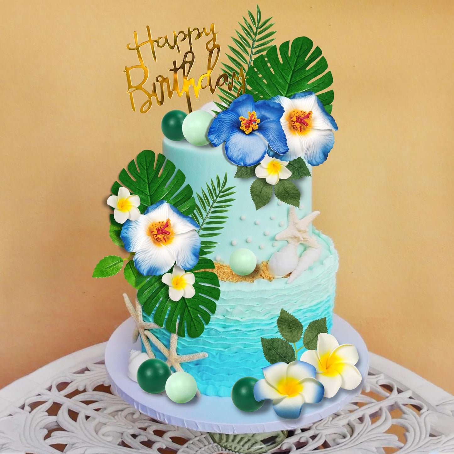 23 Pcs Flower Cake Topper Hawaiian Cake Decorations With Palm Leaves Hibiscus Flowers Balls For Hawaii Aloha Jungle Summer Theme