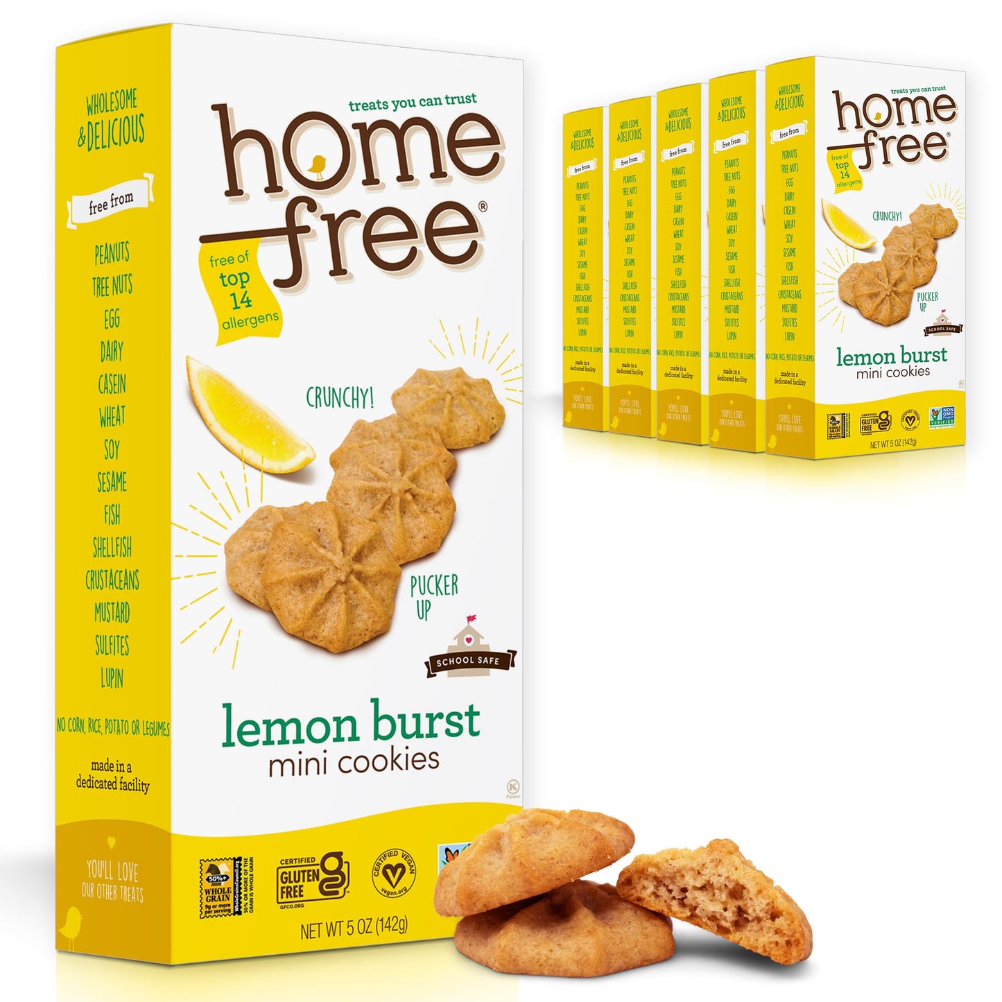 Homefree Mini Lemon Burst Cookies, Gluten Free, Nut Free, Vegan, School Safe and Allergy Friendly Snacks, 5 Oz Box (Pack of 6),