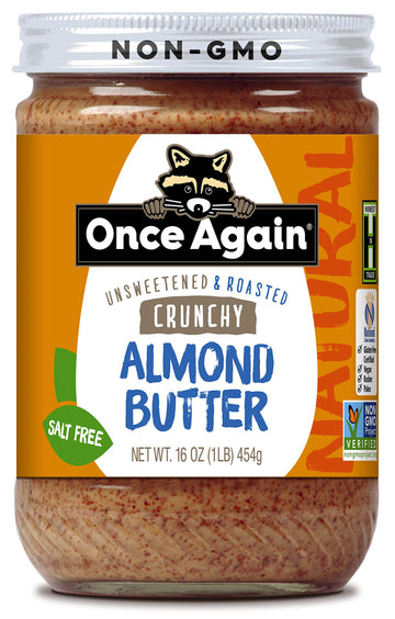 Once Again Natural Crunchy Almond Butter, 16oz - Roasted - Salt Free, Unsweetened - Gluten Free Certified, Peanut Free, Vegan, K