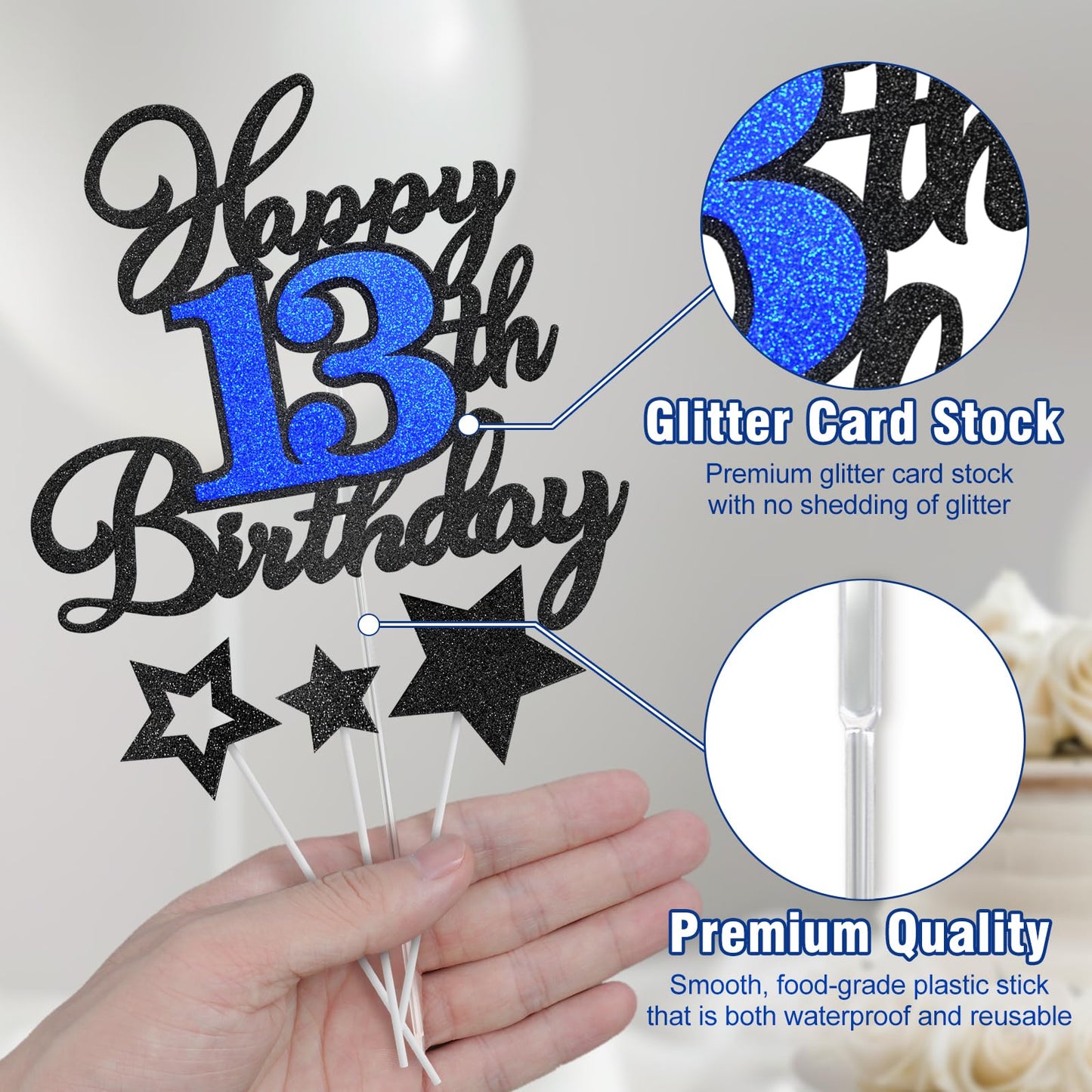 Happy 13Th Birthday Cake Toppers, Black Blue Glitter Cake Decorations Set, 13Th Birthday Decor, Birthday Anniversary Party Decor