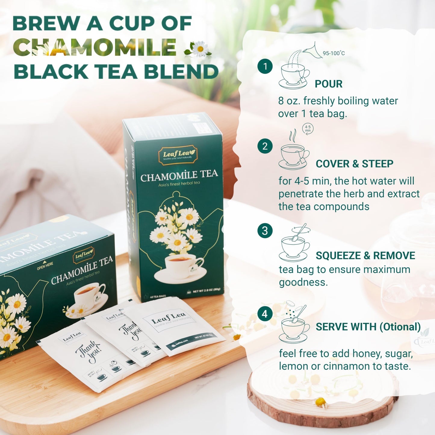 Leaflea Chamomile And Black Tea Blend, Chamomile Tea Bags, Black Tea & Pure Camomile Flowers, Manzanilla Tea Bags Stress Relief,