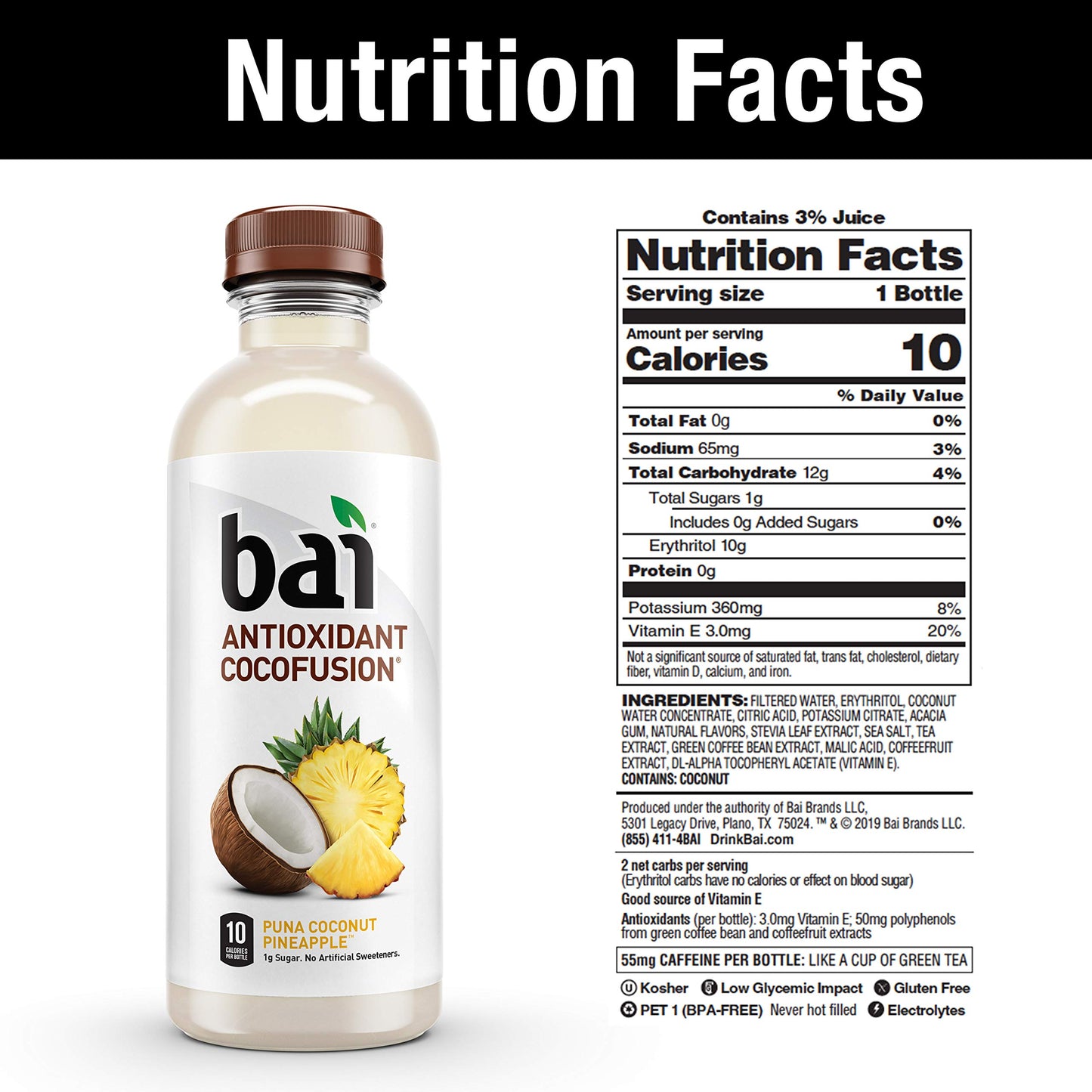 Bai Coconut Flavored Water Puna Coconut Pineapple, Antioxidant Infused, Coconut Pineapple Flavored Water Drink, 18 Fluid Ounce Bottles, 6 Count