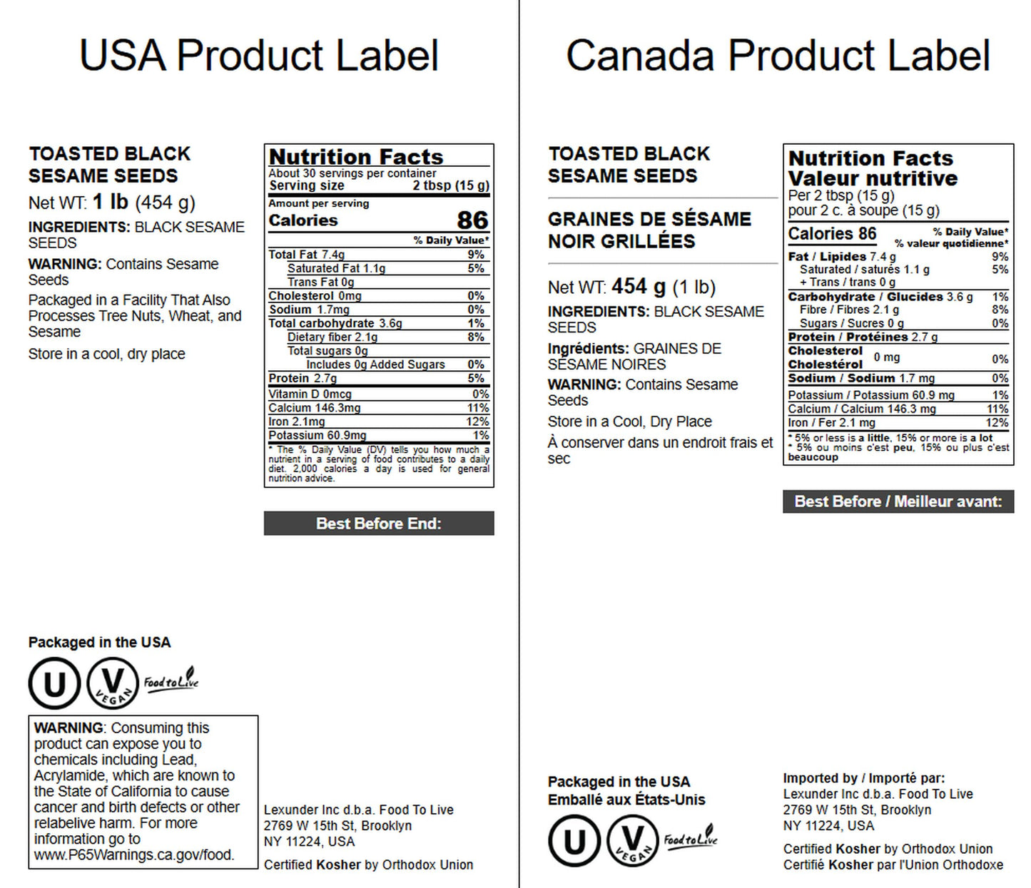 Food To Live Toasted Black Sesame Seeds, 1 Pound - Crunchy And Nutritious Snack, Oven Roasted, Unsalted, No Oil Added, Perfect F