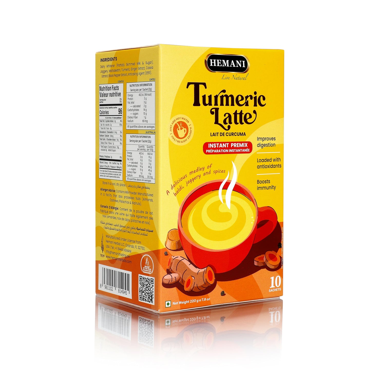 Hemani Organic Turmeric Latte Instant Premix - Caffeine Free - 220g Sachets - Golden Latte & Milk Mix