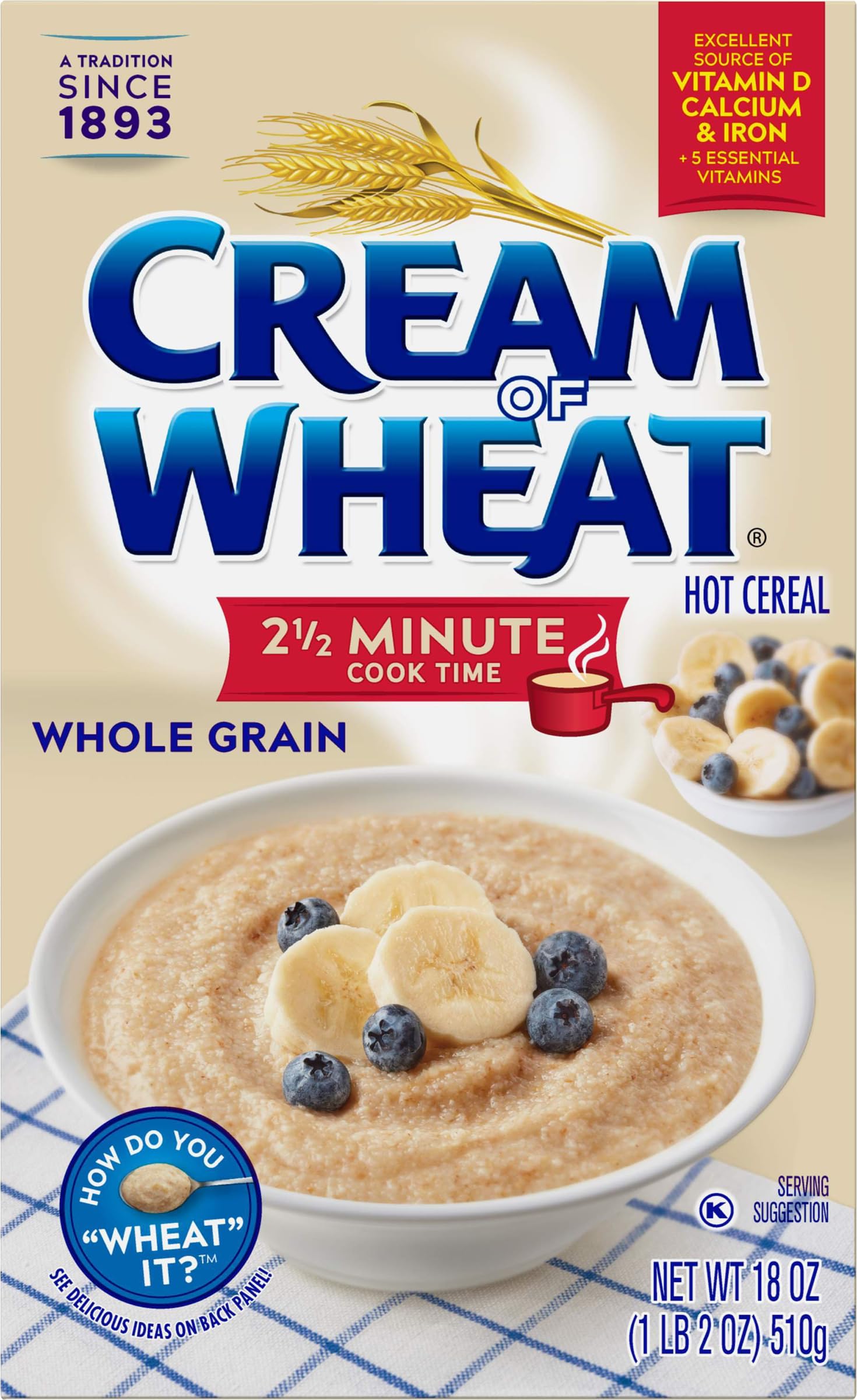 Cream of Wheat Whole Grain Hot Cereal, 2 1/2 Minute Cook Time, 18 Ounce (Pack of 12)