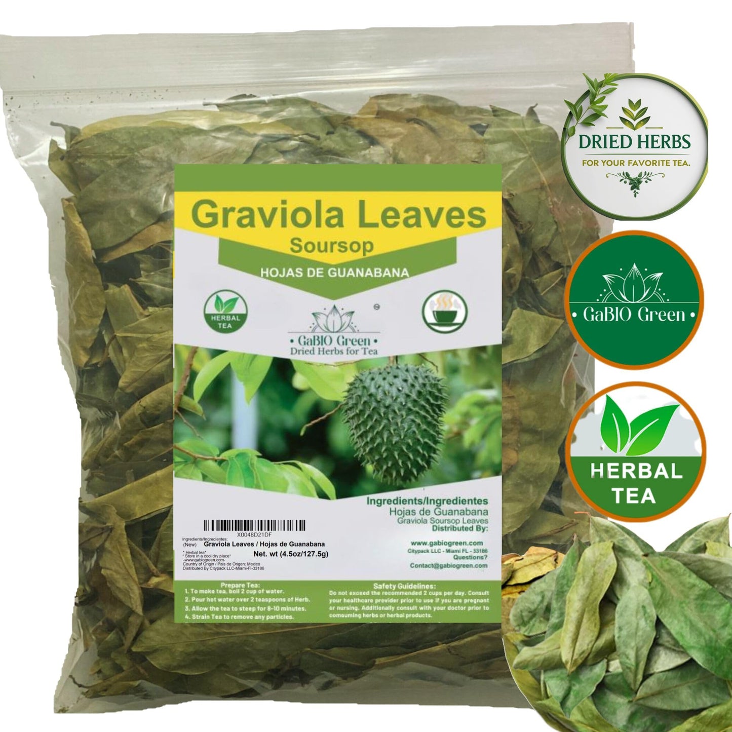 Gabio Green Soursop Leaves, Dried Herbs, Resealable Bag, 4.5 oz, Non-GMO, Gluten Free, Approx. 350 Leaves