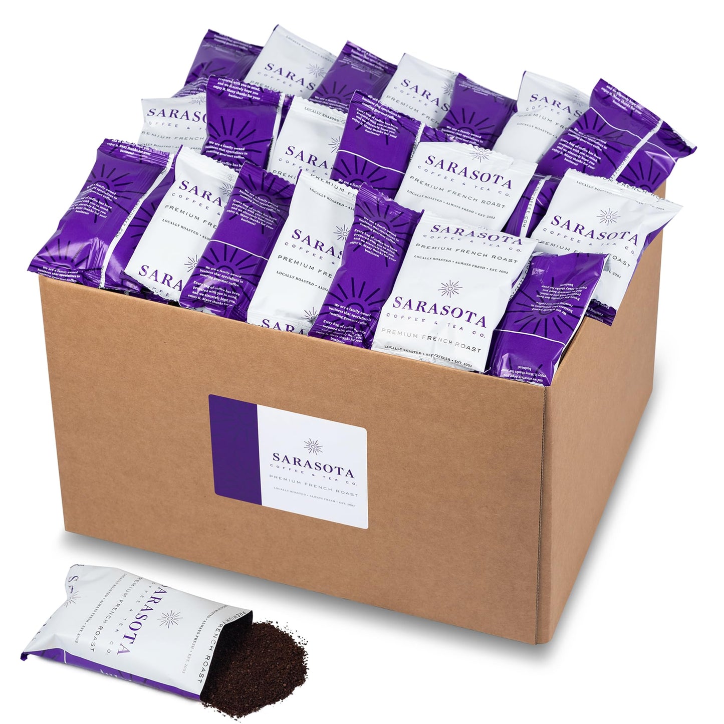 Sarasota Coffee Ground Packets | Low Acid Dark Roast Ground Coffee Packs | European French Roast | Mold Free And Individual Packets For 12 Cups | 1.75 Ounce Bags 100 Count